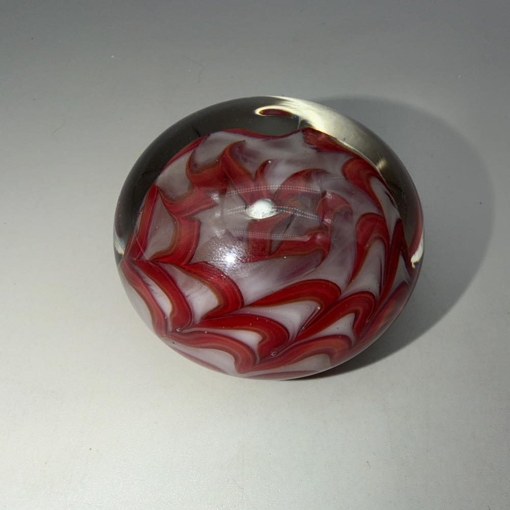 Stafford Art Glass Paperweight Red White Pulled Feather Signed